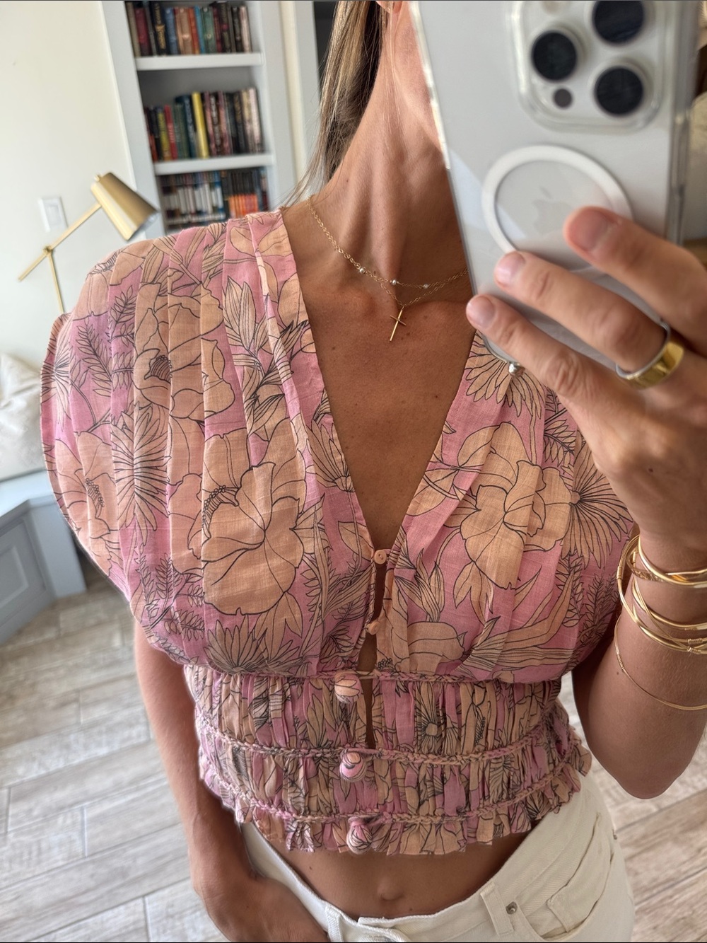 Alexis Pink Floral Smocked Crop Blouse